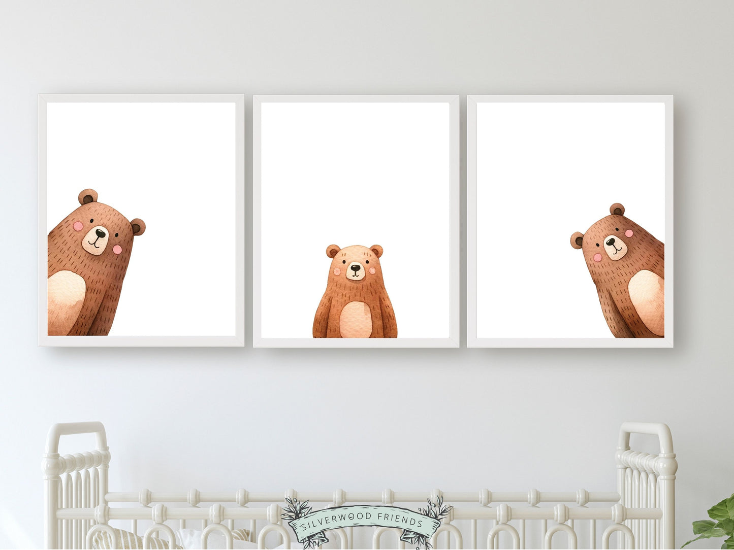 Our delightful minimalist Set of 3 Peeking Bear Nursery Prints is part of our ORIGINAL and BEST SELLING Peeking Bear Nursery Print Collection and features an adorable family of peeking brown bears.