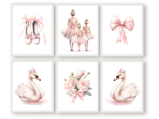 Set of 6 Ballet Nursery Prints. Perfect for your ballet nursery decor or dance inspired bedroom, these charming prints inspire imagination and foster a love for ballet, adding an elegant touch to your baby girl's room and dreams of graceful twirls.