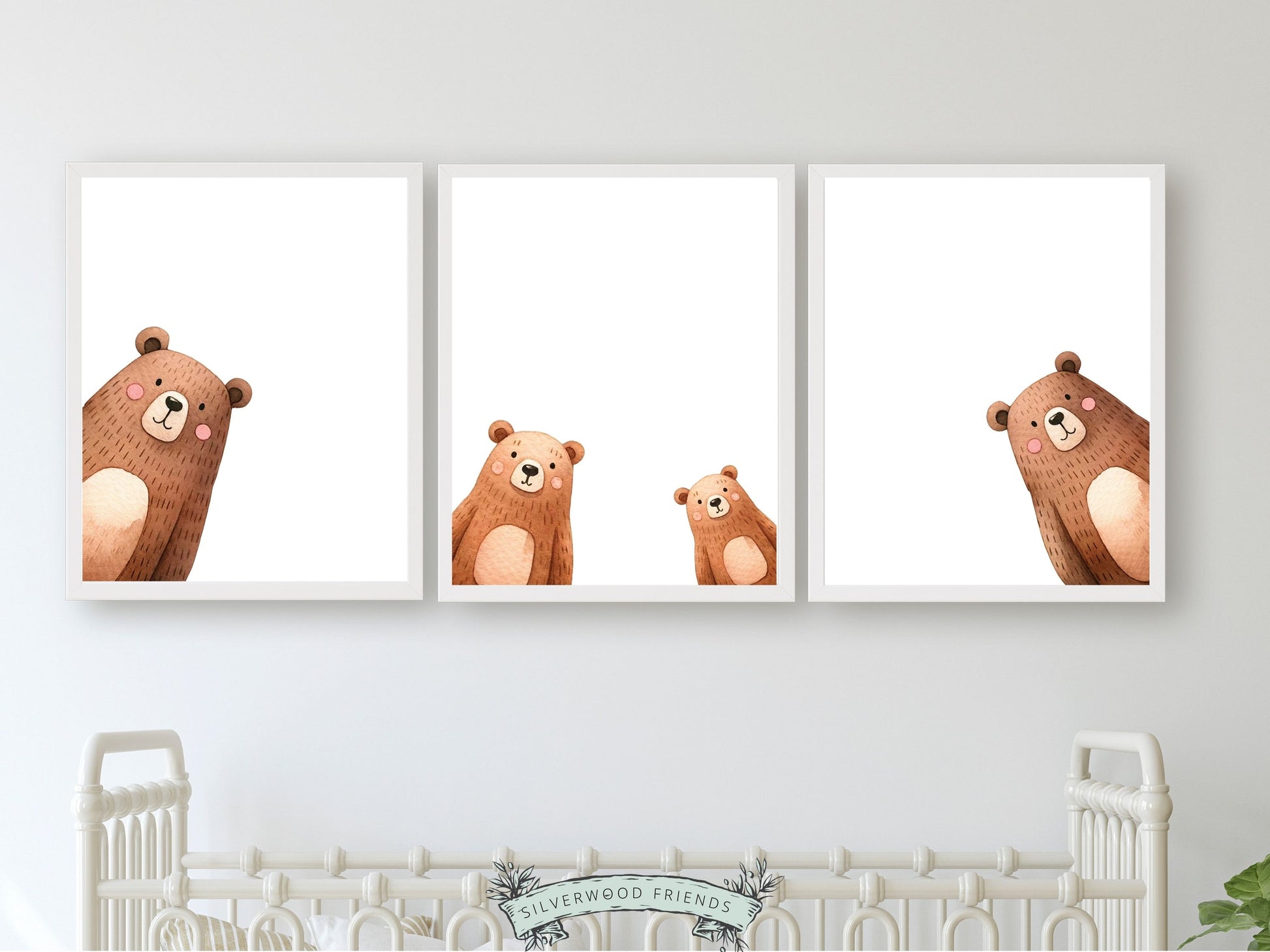 Our delightful minimalist Set of 3 Peeking Bear Nursery Prints is part of our ORIGINAL and BEST SELLING Peeking Bear Nursery Print Collection and features an adorable family of peeking brown bears.