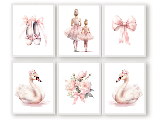 Set of 6 Ballet Nursery Prints. Perfect for your ballet nursery decor or dance inspired bedroom, these charming prints inspire imagination and foster a love for ballet, adding an elegant touch to your baby girl's room and dreams of graceful twirls.