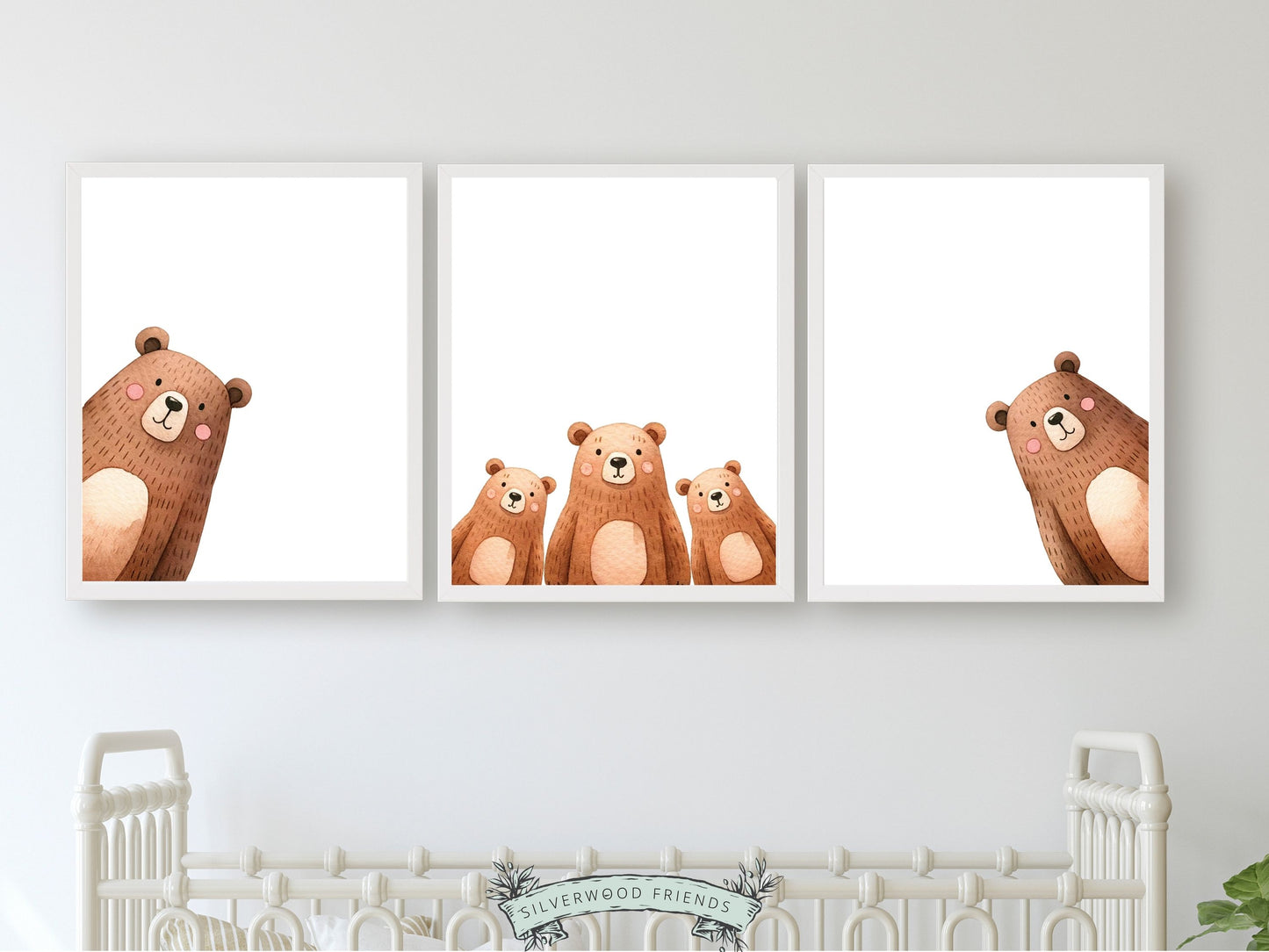 Our delightful minimalist Set of 3 Peeking Bear Nursery Prints is part of our ORIGINAL and BEST SELLING Peeking Bear Nursery Print Collection and features an adorable family of peeking brown bears.