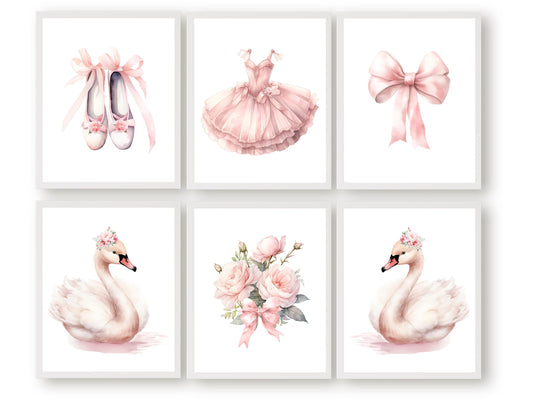 Set of 6 Ballet Prints. These whimsical artworks are an ideal addition to ballet nursery decor, creating a dreamy ambiance or making for a distinctive baby girl's baby shower gift that captivates the magic of twirls and tiptoes.