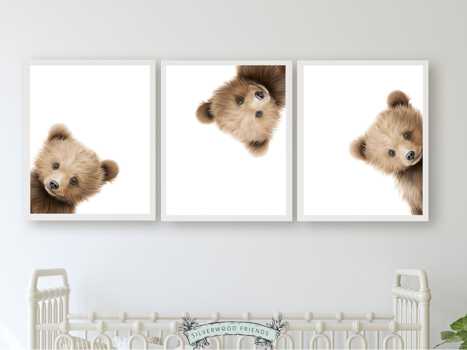 Our delightful minimalist Set of 3 Peeking Bear Nursery Prints is part of our ORIGINAL and BEST SELLING Peeking Bear Nursery Print Collection and features adorable peeking brown bears.