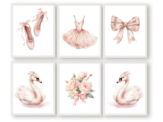 Set of 6 Ballet Prints. These whimsical artworks are an ideal addition to ballet nursery decor, creating a dreamy ambiance or making for a distinctive baby girl's baby shower gift that captivates the magic of twirls and tiptoes.