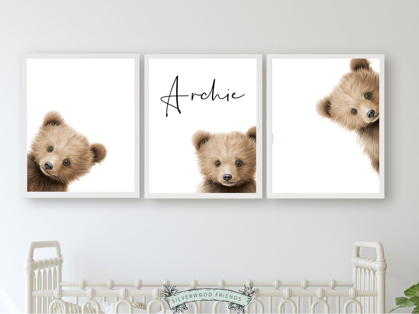 Create a personalised touch in your babys nursery or gift a cherished keepsake with our delightful Set of 3 Peeking Bear Nursery Prints. Part of our ORIGINAL and BEST SELLING Peeking Bear Nursery Print Collection and features adorable peeking brown bears with your custom name.