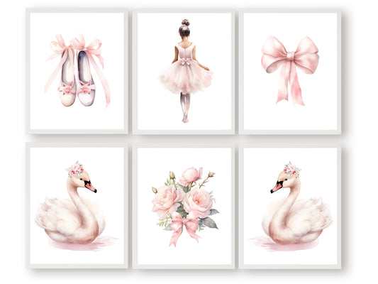 Set of 6 Ballet Nursery Prints. Perfect for your ballet nursery decor or dance inspired bedroom, these charming prints add an elegant touch to your baby girl's room inspiring dreams of graceful twirls and makes a unique baby shower gift.