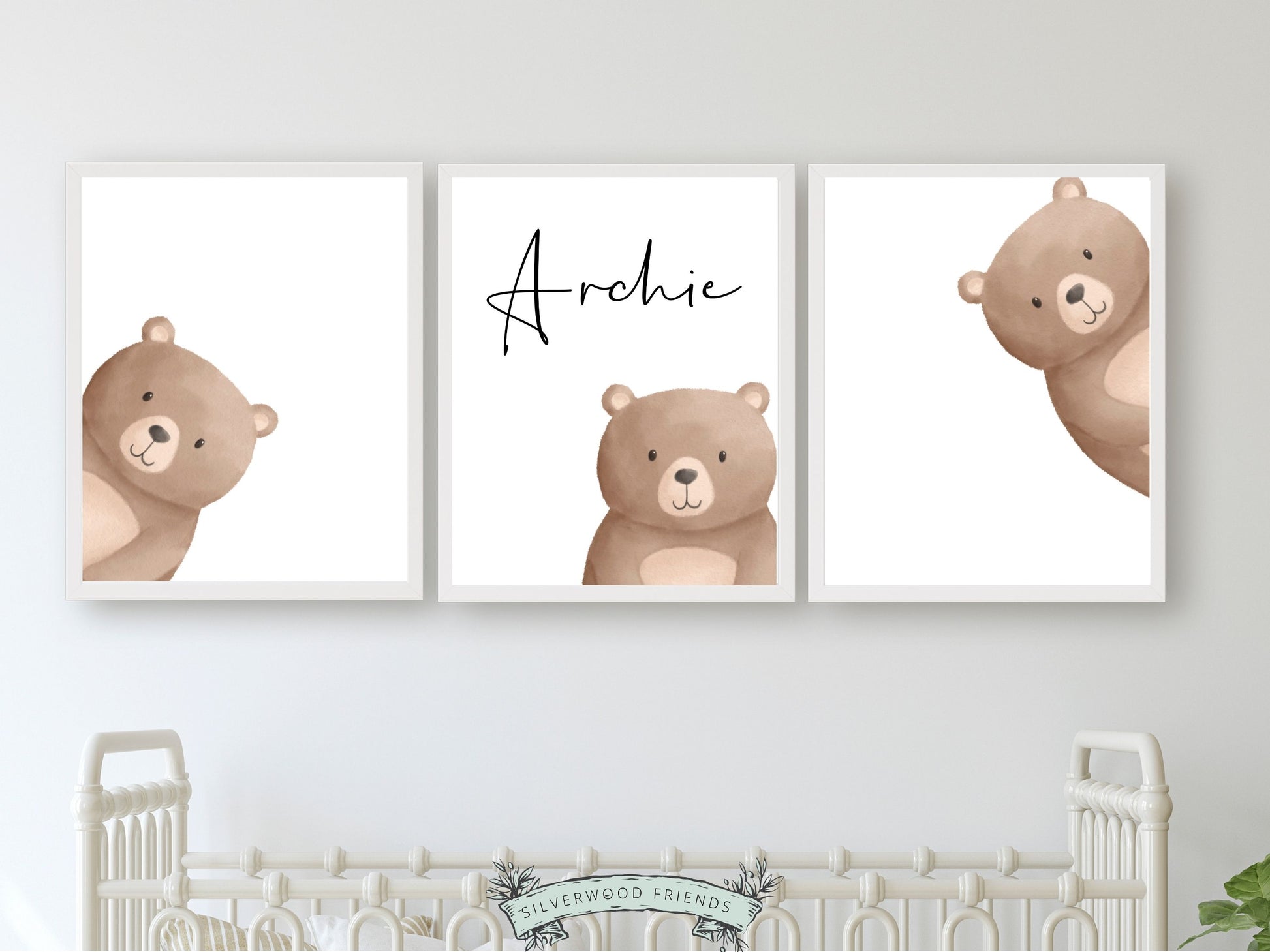 Create a personalised touch in your baby's nursery or gift a cherished keepsake with our delightful Set of 3 Peeking Bear Nursery Prints. Part of our ORIGINAL and BEST SELLING Peeking Bear Nursery Print Collection and features adorable peeking brown bears with your custom name.