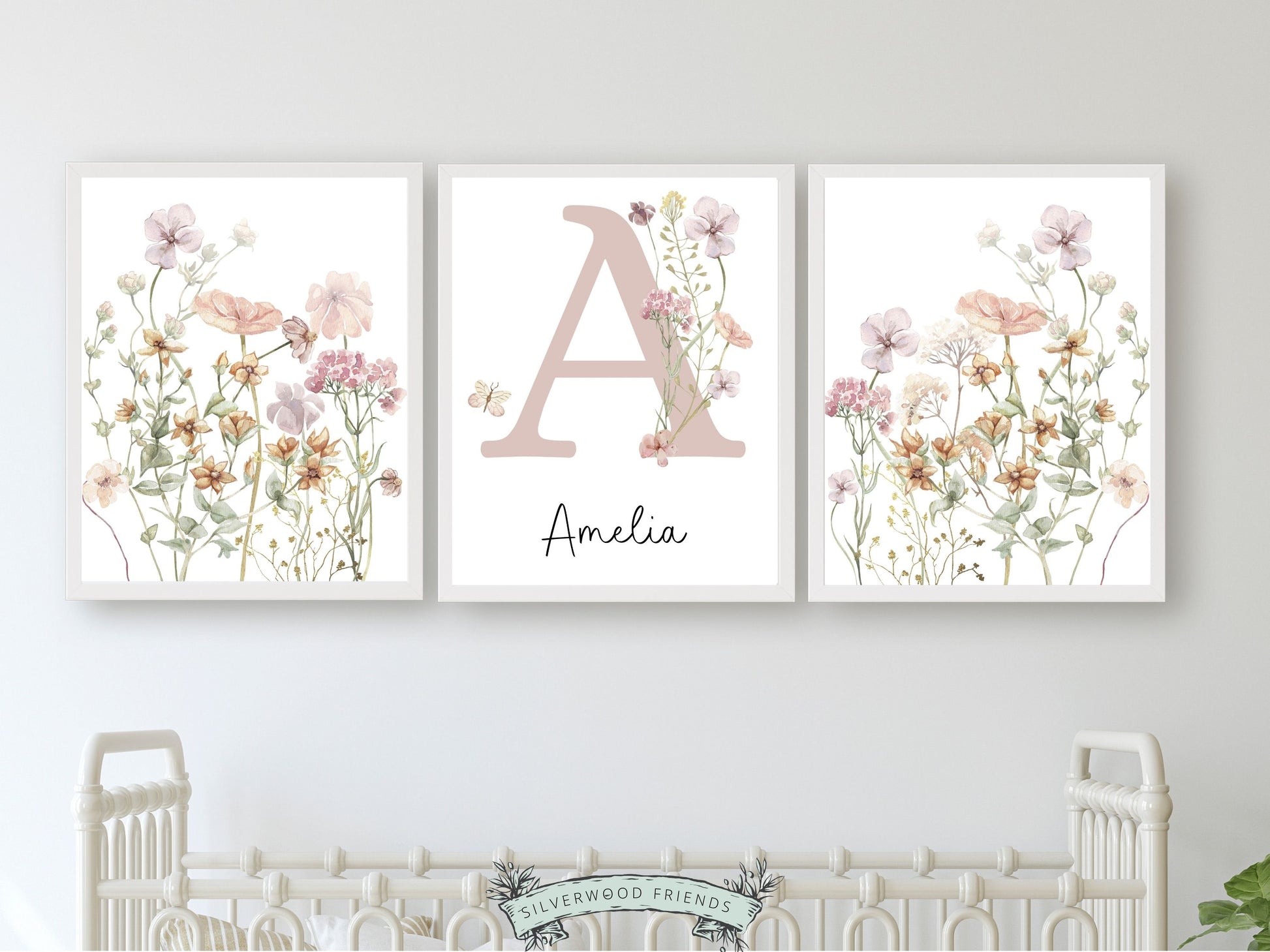 Our gorgeous wildflower nursery prints with watercolour butterflys and personalised name and letter, is one of our BEST SELLING nursery prints, and are perfect as a custom nursery print set for your new baby or as a unique baby shower gift.