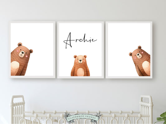 Create a personalised touch in your baby's nursery or gift a cherished keepsake with our delightful Set of 3 Peeking Bear Nursery Prints. Part of our ORIGINAL and BEST SELLING Peeking Bear Nursery Print Collection and features adorable peeking brown bears with your custom name.