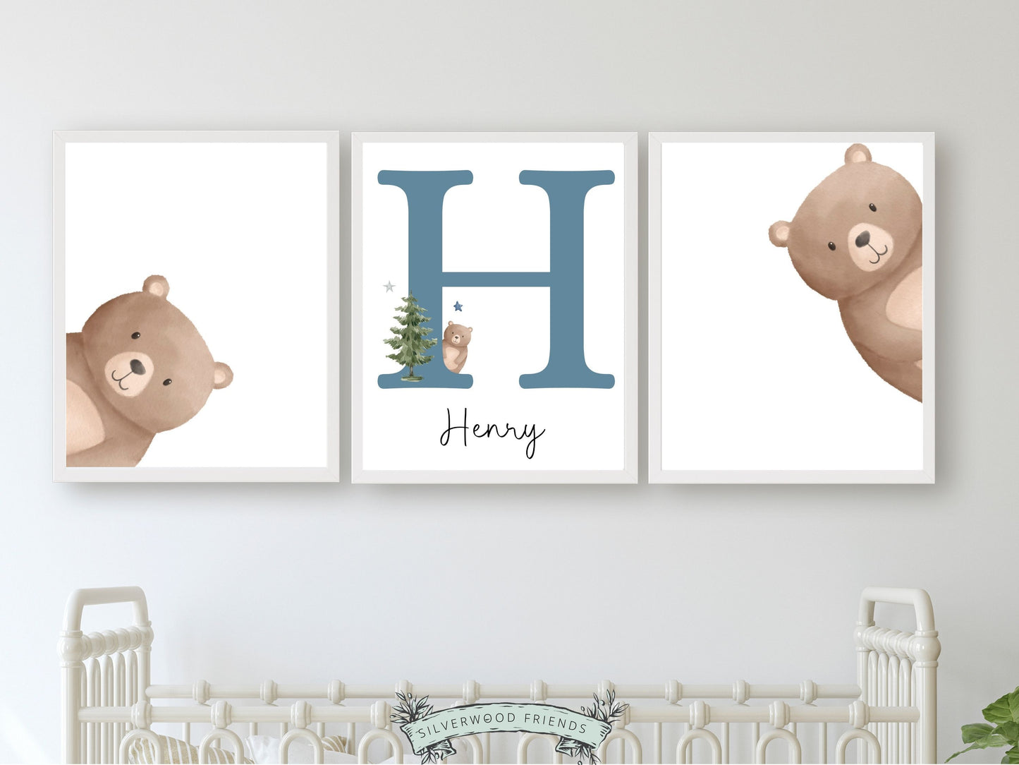 Our delightful minimalist Set of 3 Peeking Bear Custom Name Nursery Prints features adorable peeking brown bears with a custom letter and name in your choice of colour.