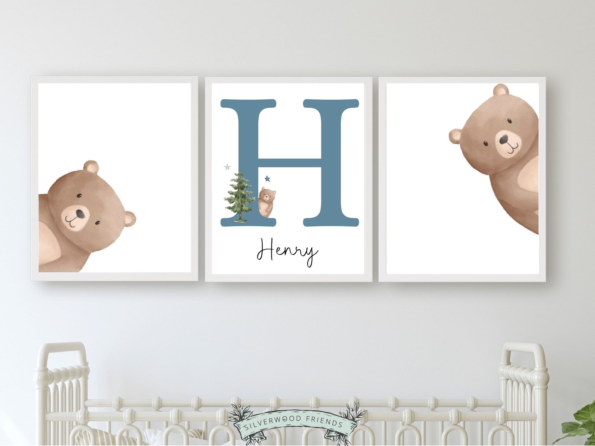 Our delightful minimalist Set of 3 Peeking Bear Custom Name Nursery Prints features adorable peeking brown bears with a custom letter and name in your choice of colour.