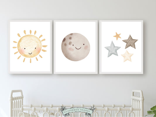 Our Set of 3 Boho Baby Nursery Prints, featuring a sun, moon, and stars is part of our ORIGINAL and BEST SELLING boho nursery print collection and will create a harmonious and dreamy atmosphere in your little ones nursery and also makes the perfect gender neutral baby shower gift