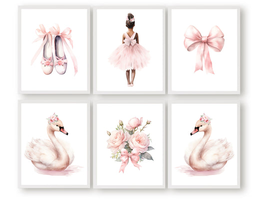 Set of 6 Ballet Nursery Prints. Perfect for your ballet nursery decor or dance inspired bedroom, these charming prints add an elegant touch to your baby girl's room inspiring dreams of graceful twirls and makes a unique baby shower gift.