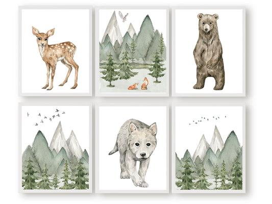 Our adorable Woodland Mountain Animal Nursery Prints featuring gorgeous watercolour baby bear, deer, wolf and foxes are the perfect addition to your baby's woodland nursery decor or forest theme nursery.