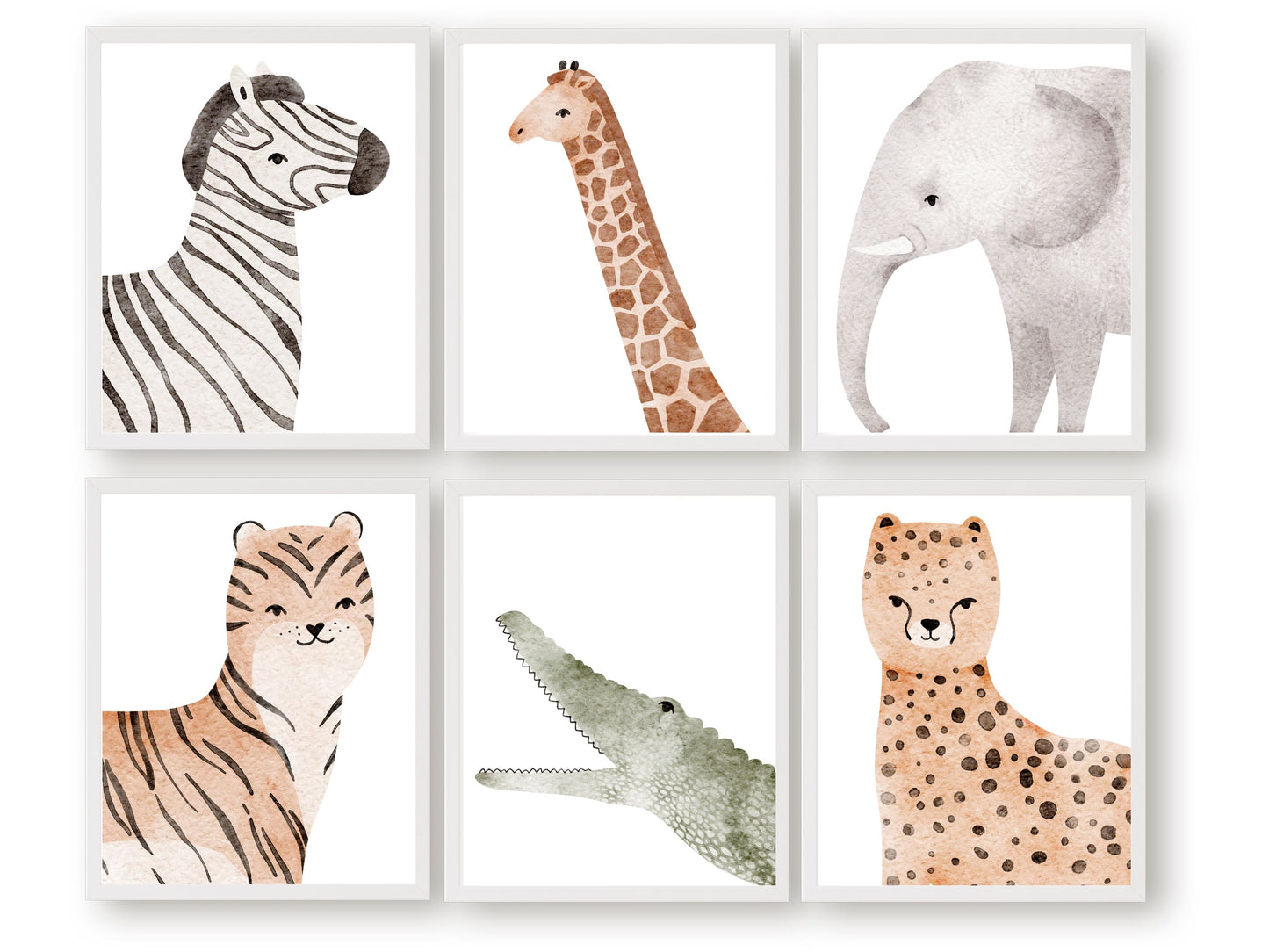 Safari Animal Nursery Prints Set of 6 featuring adorable watercolour safari animals. These delightful prints are perfect for your safari nursery decor and also make a lovely gender neutral safari baby shower gift.