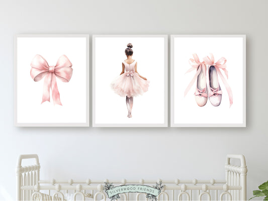 Set of 3 Ballet Nursery Prints, featuring a ballerina, bow, and ballet slippers. Perfect for your ballet themed nursery or dance inspired bedroom, these charming prints inspire imagination and foster a love for ballet, adding an elegant touch to your baby girls room and dreams of graceful twirls.