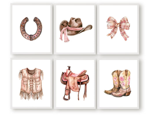 Infuse your baby girl's nursery with western flair using our Set of 6 Cowgirl Nursery Prints, showcasing watercolour cowgirl essentials in soft pink and brown hues.