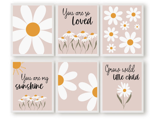 Add a touch of delicate charm to your baby girl's nursery decor or surprise a loved one with a unique daisy themed baby shower gift, with our Set of 6 Pink Daisy Nursery Print Set.