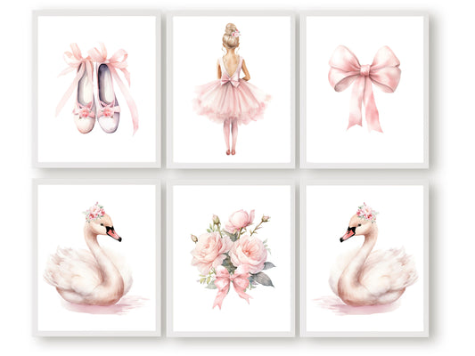 Set of 6 Ballet Nursery Prints. Perfect for your ballet nursery decor or dance inspired bedroom, these charming prints add an elegant touch to your baby girl's room inspiring dreams of graceful twirls and makes a unique baby shower gift.