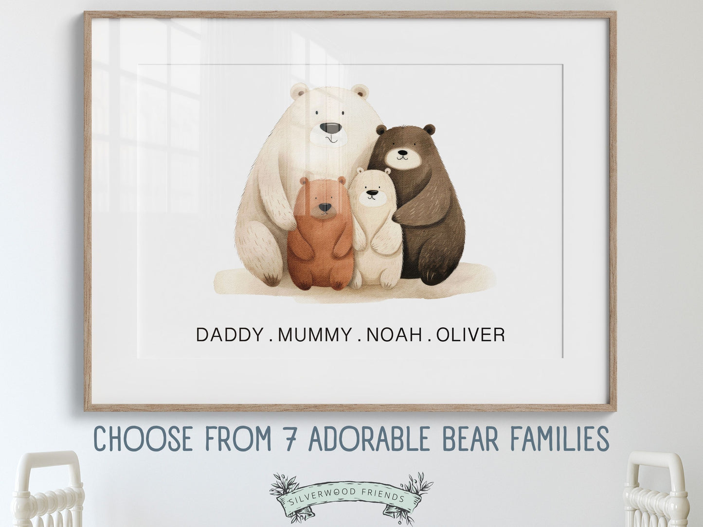 Create a personalised touch in your baby's nursery or gift a cherished keepsake with our gorgeous personalised bear family nursery prints. It's perfect for your woodland nursery decor and also makes a unique gender neutral baby shower gift.