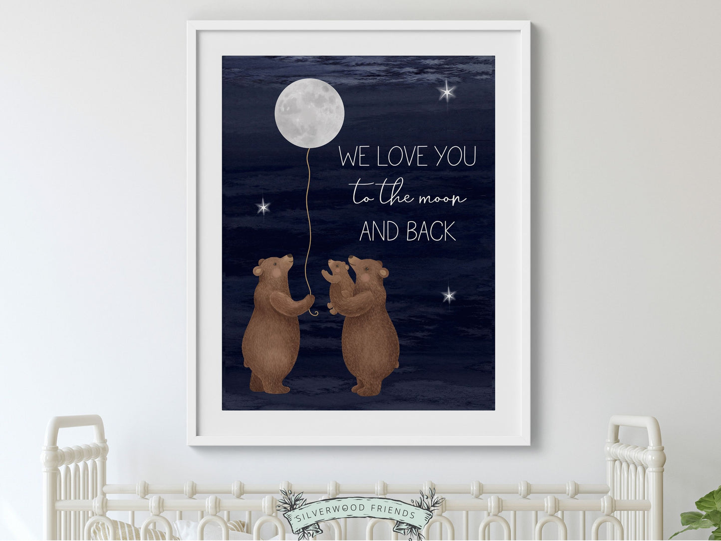 Elevate your nursery or woodland themed bedroom with our charming Bear Nursery Print, showcasing a loving family of bears cradling the moon under a starry night sky with the quote We love you to the moon and back.