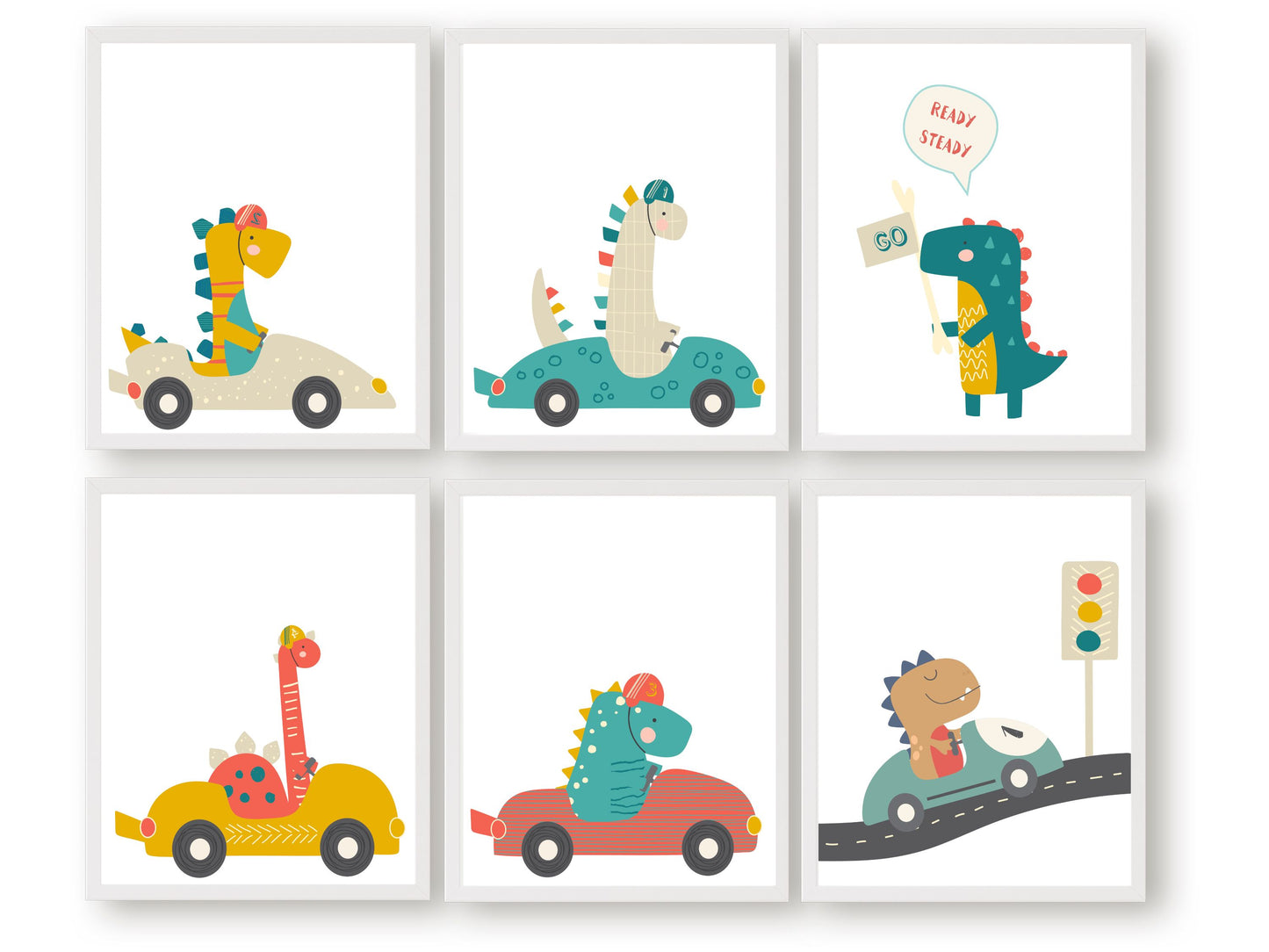 Our Set of 6 Dinosaurs Driving Cars Nursery Prints features dinosaurs on wheels - the perfect addition to any dinosaur lovers baby boy's nursery decor! 