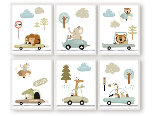 Transform your nursery into a whimsical safari adventure with our charming Set of 6 Safari Animals Driving Cars Nursery Prints. Adorned with endearing jungle animals cruising in cars surrounded by clouds, trees and traffic elements, each print boasts a soothing blue and green palette, making it an ideal choice for both safari and transport themed nurseries.