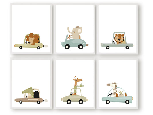 Transform your nursery into a whimsical safari adventure with our charming Set of 6 Racing Car Nursery Prints. Adorned with endearing jungle animals cruising in cars, each print boasts a soothing blue and green palette, making it an ideal choice for both safari and transport themed nurseries.