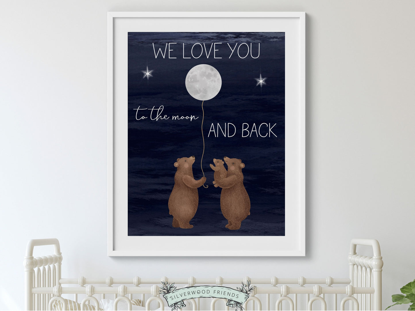 Elevate your nursery or woodland themed bedroom with our charming Bear Nursery Print, showcasing a loving family of bears cradling the moon under a starry night sky with the quote We love you to the moon and back.