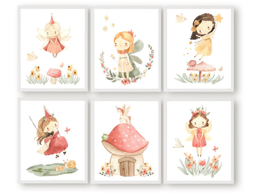 Our gorgeous Fairy Nursery Print Set of 6 with watercolour fairies and wildflower meadow flowers is perfect for your fairy nursery decor and also makes a unique girls baby shower g