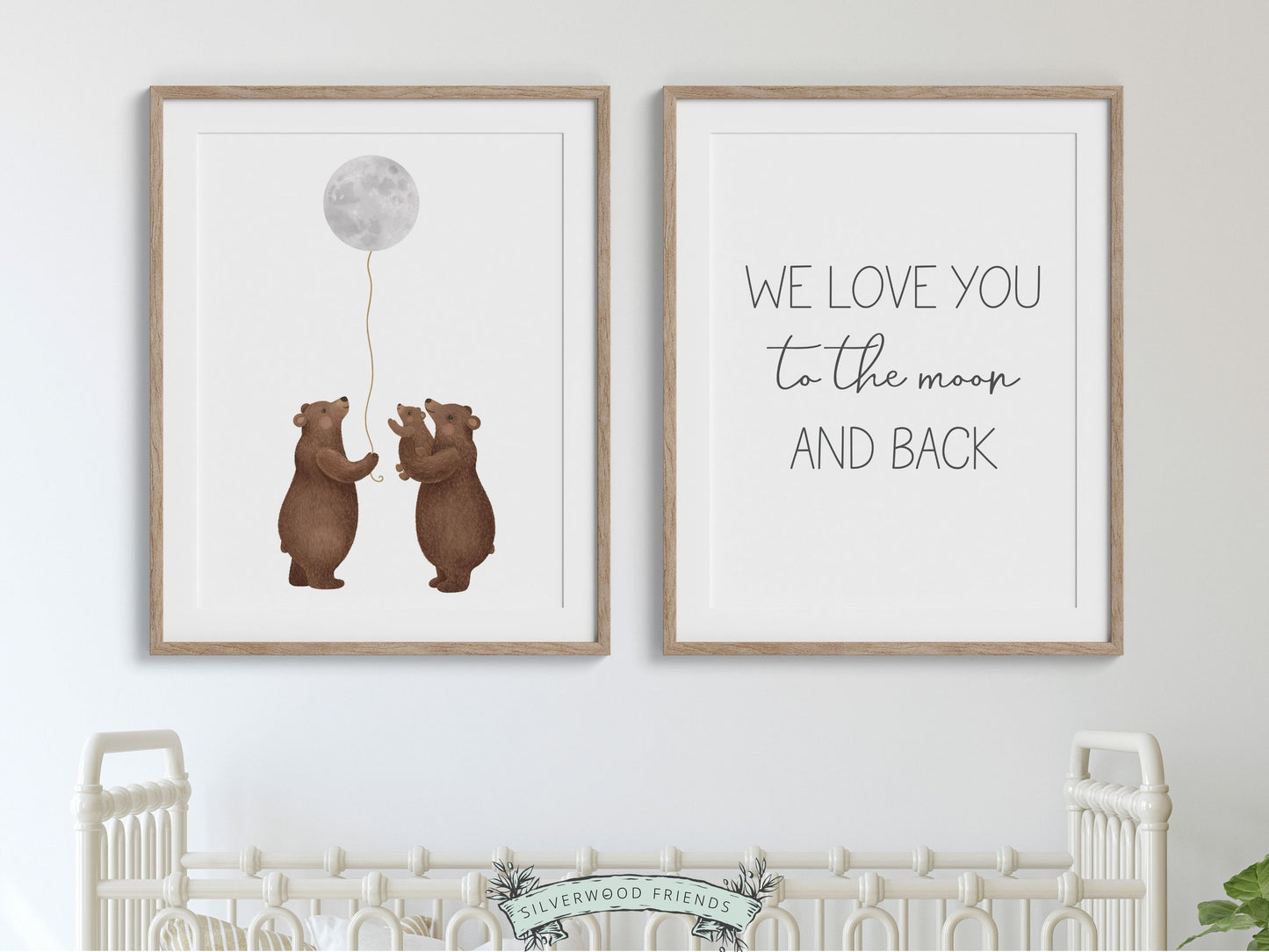 Set of 2 Bear Nursery Prints, showcasing a loving family of bears cradling the moon with the heartfelt quote We love you to the moon and back.