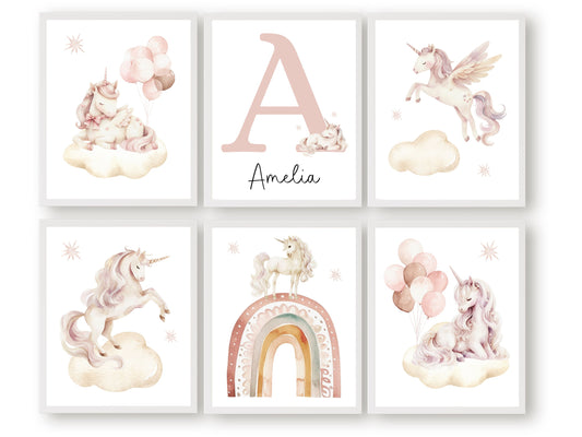 Transform your nursery into a magical wonderland with our personalised Set of 6 Unicorn Nursery Prints, featuring charming unicorns dancing amidst a dreamy starlit sky with your custom name and letter. 