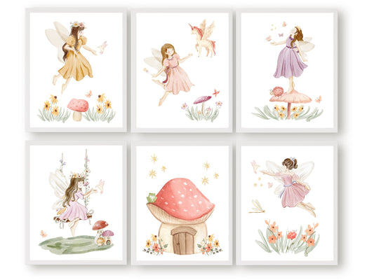 Our gorgeous Fairy Nursery Prints Set of 6 with watercolour fairies and wildflower meadow flowers is perfect for your fairy nursery decor or princess theme nursery and also makes a unique girls baby shower gift.