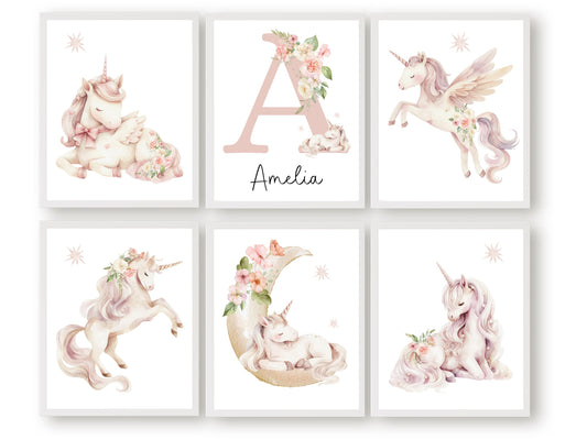 Transform your nursery into a magical wonderland with our personalised Set of 6 Unicorn Nursery Prints, featuring charming unicorns with wildflowers, dancing amidst a dreamy starlit sky with your custom name and letter.