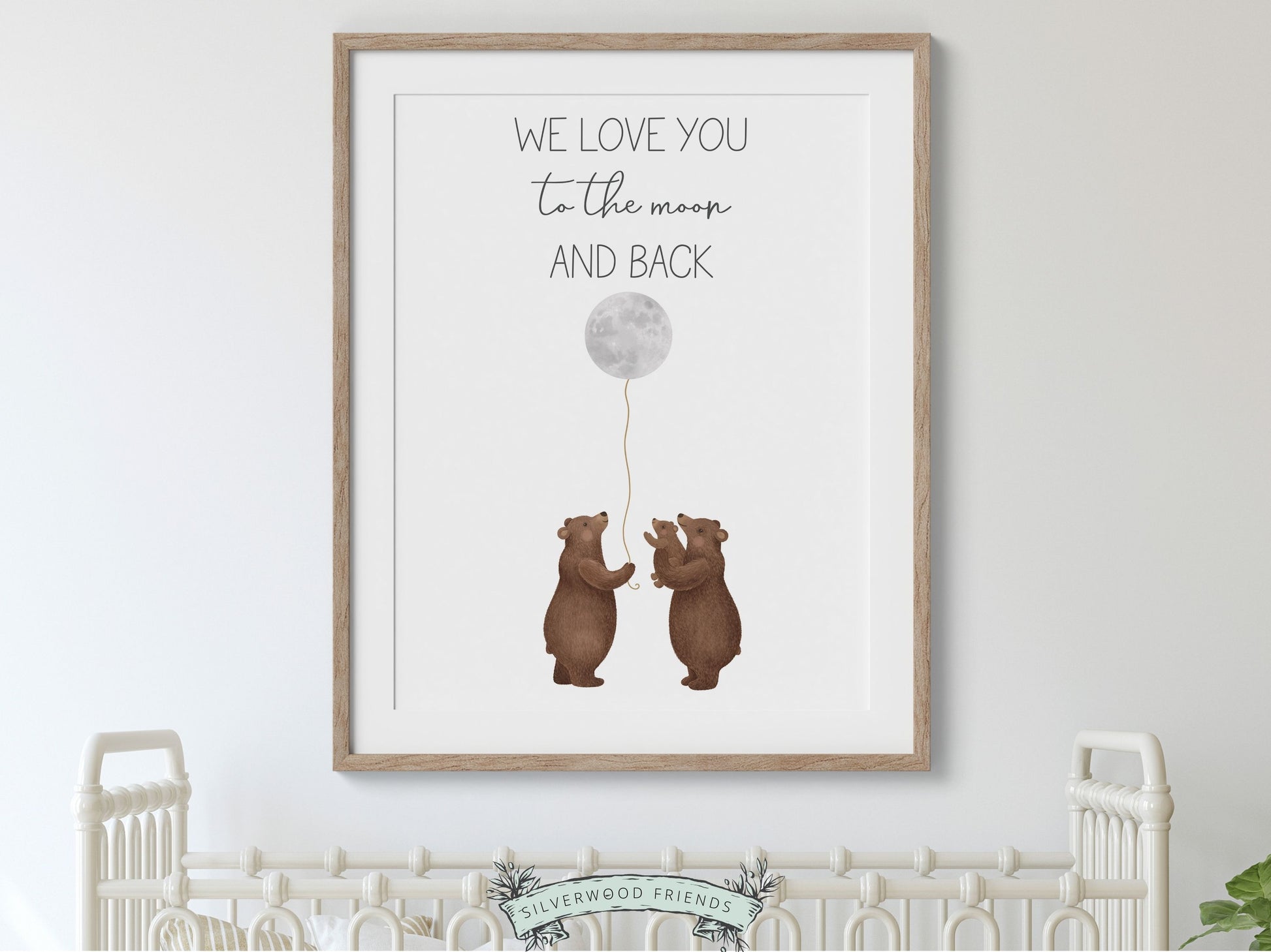 Elevate your nursery or woodland themed bedroom with our charming Bear Nursery Print, showcasing a loving family of bears cradling the moon with the heartfelt quote We love you to the moon and back.