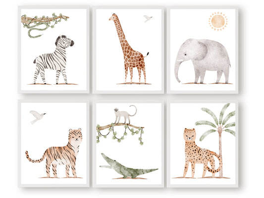 Safari Animal Nursery Prints Set of 6. These delightful prints are perfect for your safari nursery decor and also make a lovely safari baby shower gift.