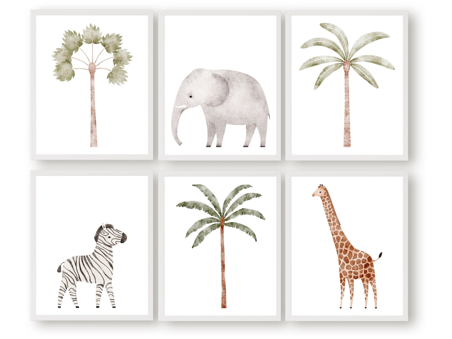 Set of 6 Tropical Plant Prints, showcasing gorgeous palm trees with elephant, zebra and giraffe in muted watercolours. Perfect for your safari nursery decor or coastal theme home decor.