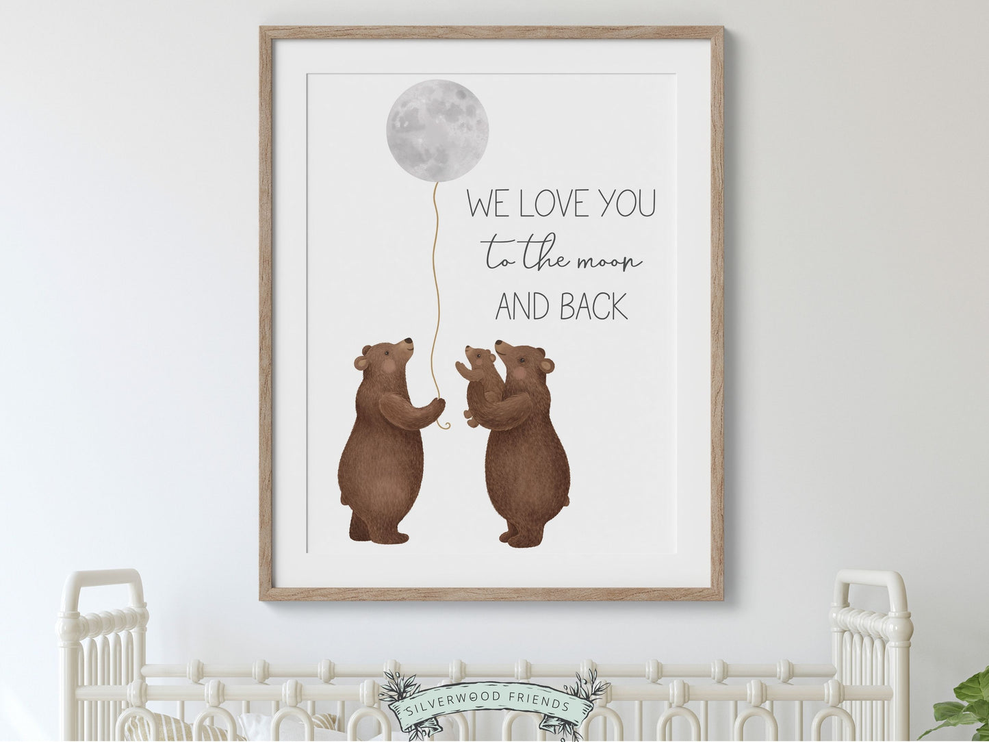 Elevate your nursery or woodland themed bedroom with our charming Bear Nursery Print, showcasing a loving family of bears cradling the moon with the heartfelt quote We love you to the moon and back.