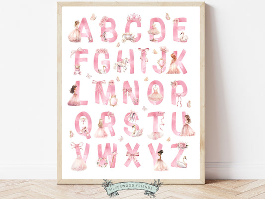 Enhance your baby girl's nursery decor with our captivating Princess Alphabet Print, showcasing watercolour princesses and fairy tale elements for an engaging educational experience. Perfect for your princess nursery decor or as a unique baby shower gift.