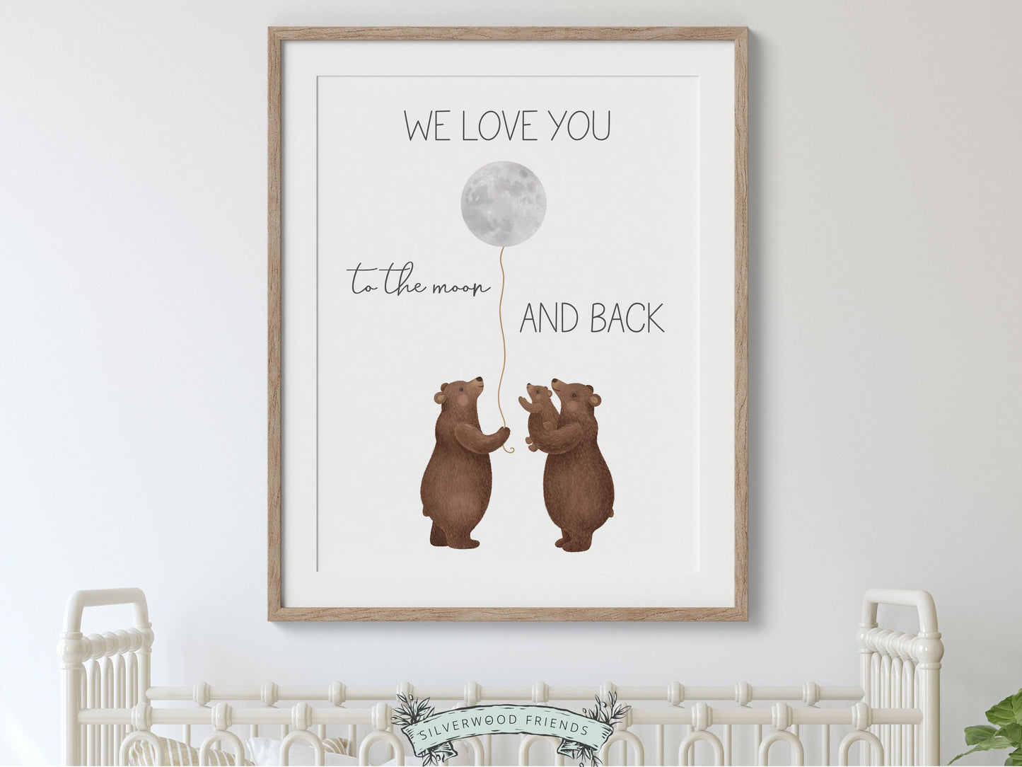 Elevate your nursery or woodland themed bedroom with our charming Bear Nursery Print, showcasing a loving family of bears cradling the moon with the heartfelt quote We love you to the moon and back.