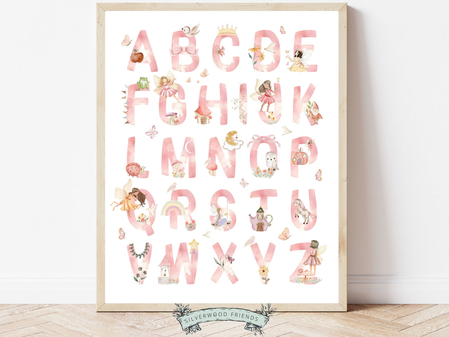 Discover the perfect addition to your baby girls nursery decor with our enchanting fairy alphabet print. Featuring beautiful watercolour fairies and fairyland elements, they provide an engaging and educational experience for little learners and is perfect for your fairy nursery decor or as a unique baby shower gift.