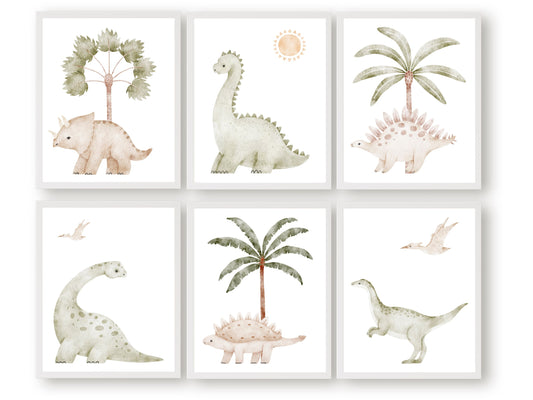 Set of 6 Dinosaur Nursery Prints features delightful watercolour dinosaurs with tropical palm trees and is the perfect addition to any dinosaur lovers nursery decor