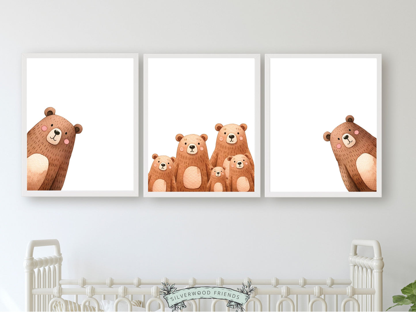 Set of 3 Peeking Bear Nursery Prints is part of our ORIGINAL and BEST SELLING Peeking Bear Nursery Print Collection and features an adorable family of peeking brown bears. Perfect for your bear nursery decor or woodland nursery and makes a unique gender neutral baby shower gift.