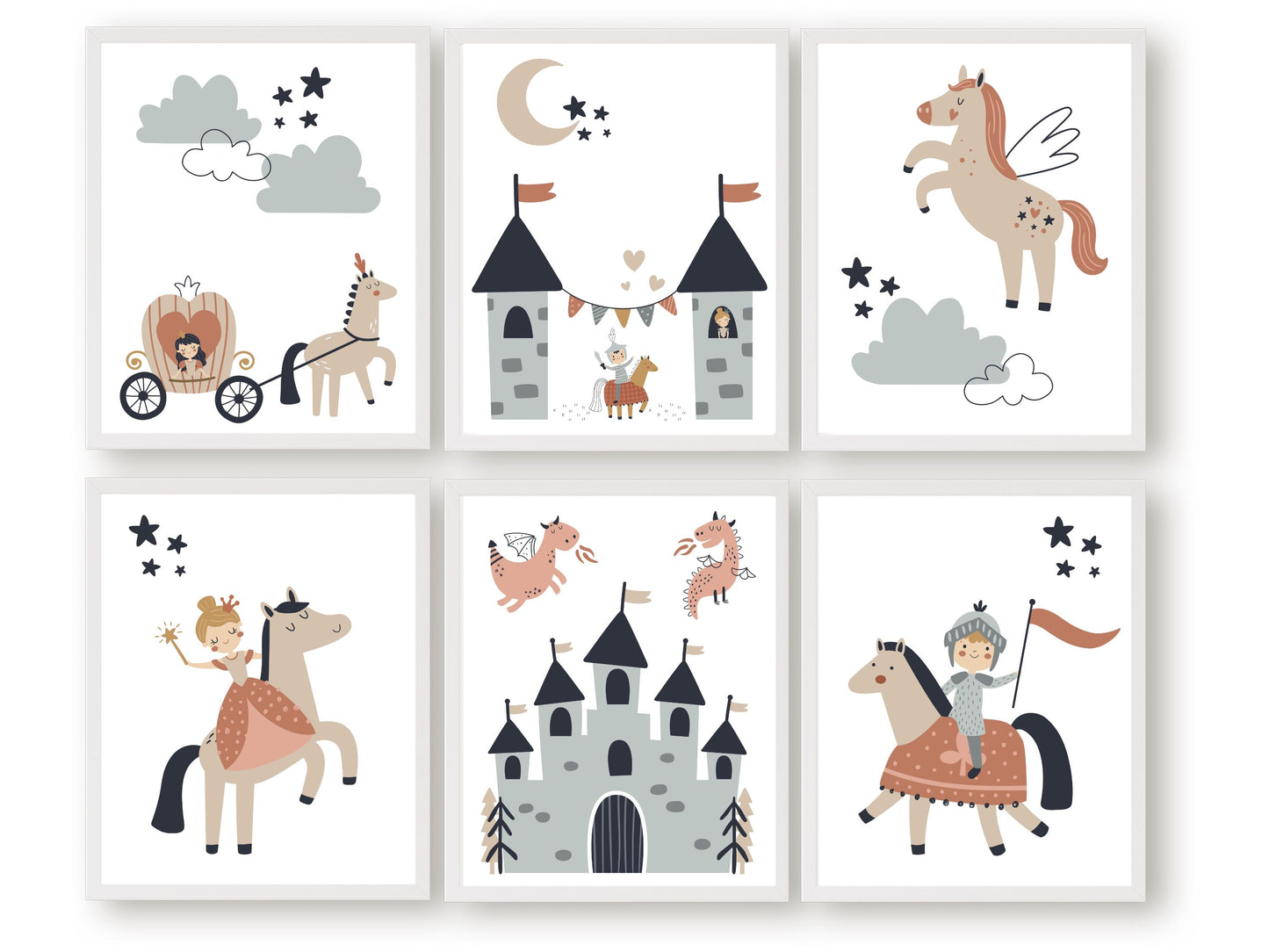 Our delightful Set of 6 Fairytale Nursery Prints features charming illustrations of a prince and princess riding horses, a princess carriage and fairytale castle with pink dragons.