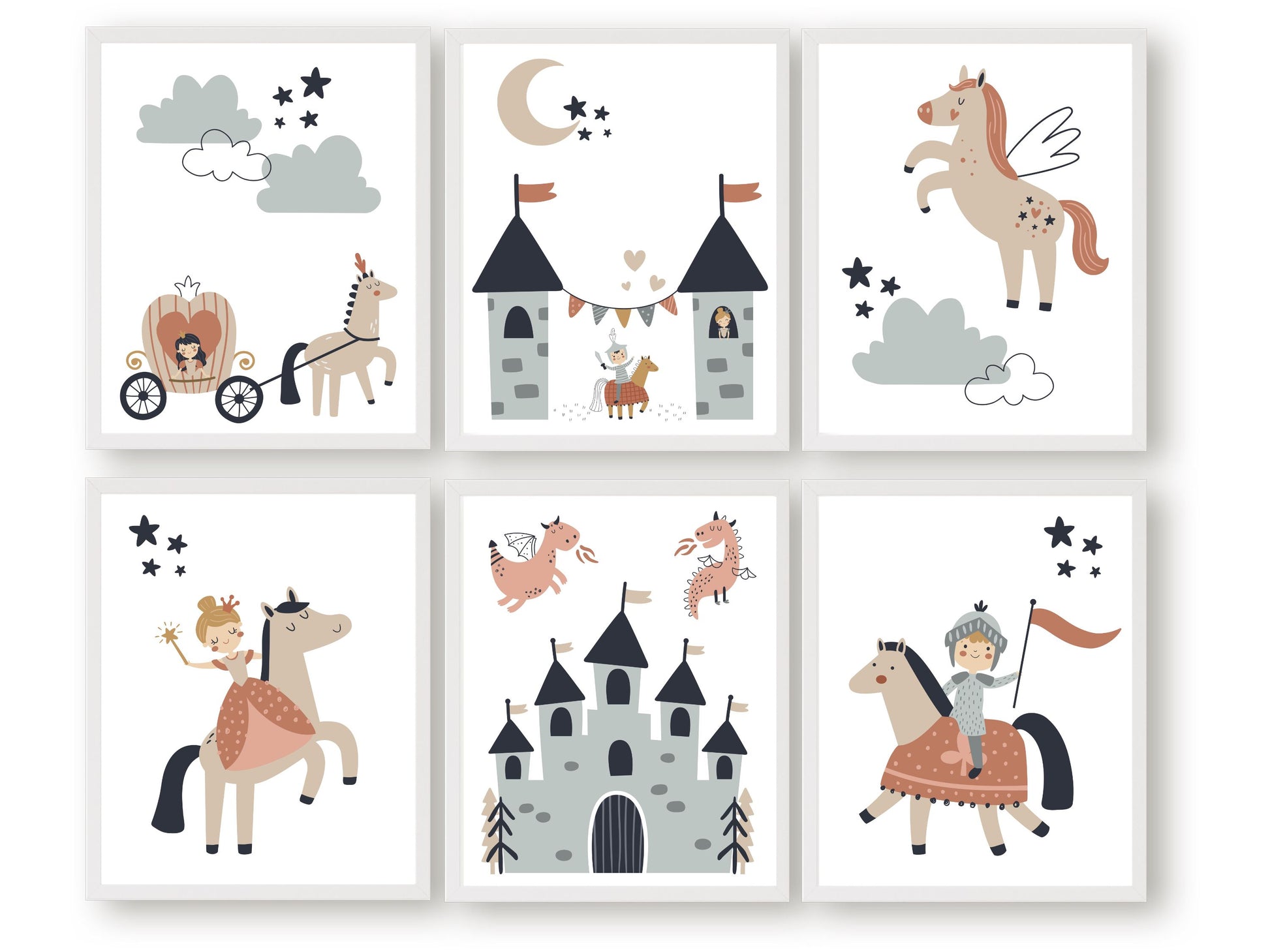 Our delightful Set of 6 Fairytale Nursery Prints features charming illustrations of a prince and princess riding horses, a princess carriage and fairytale castle with pink dragons.