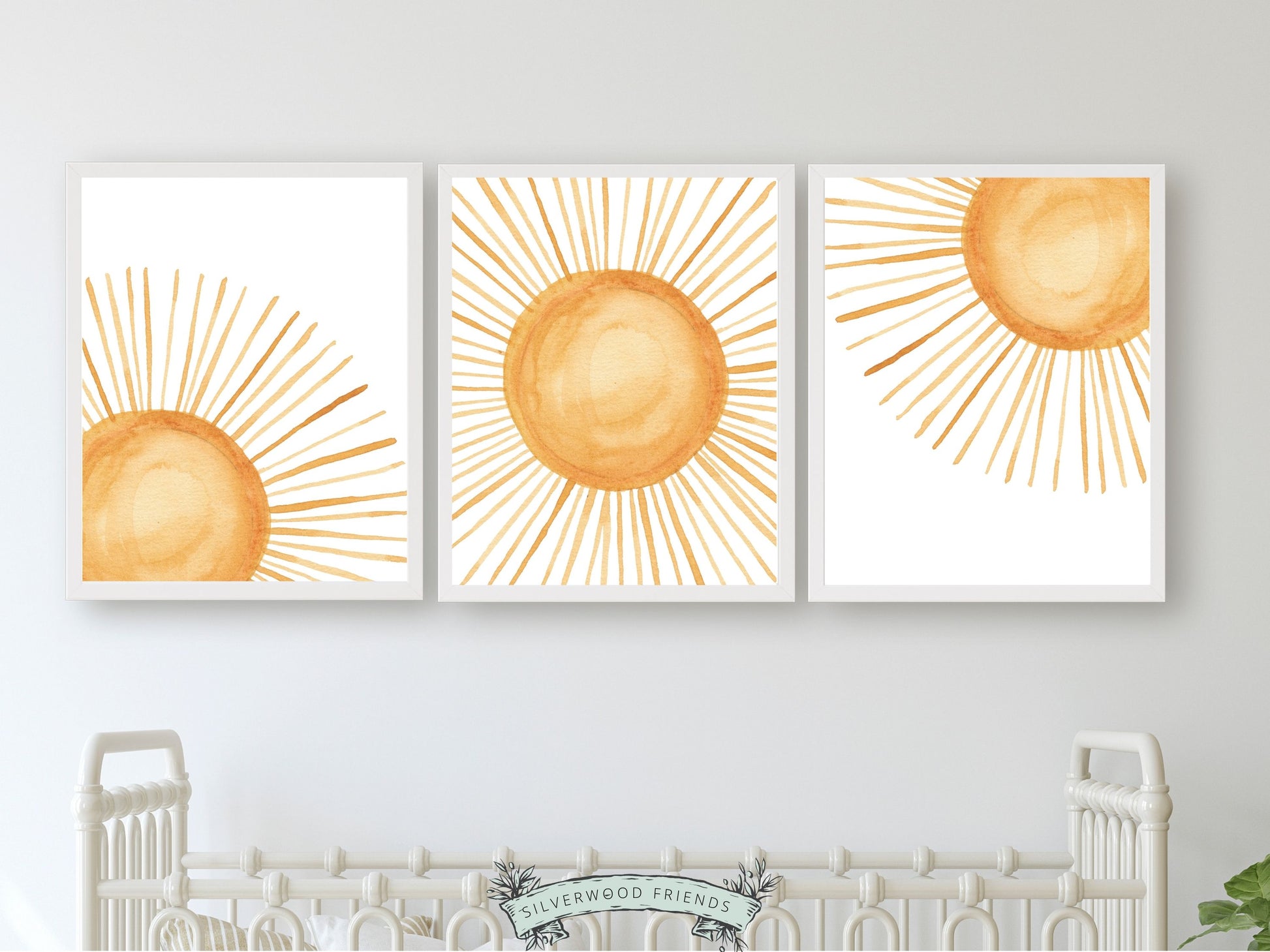 Add a touch of celestial charm to your boho nursery decor with our enchanting Set of 3 Boho Sun Nursery Prints, showcasing a watercolour rising sun, full sun, and sunset, designed to bring a gender-neutral and captivating ambiance to your little one's space.