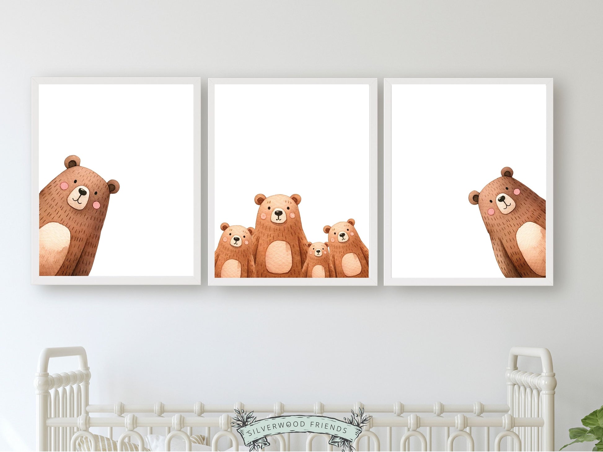 Our delightful minimalist Set of 3 Peeking Bear Nursery Prints is part of our ORIGINAL and BEST SELLING Peeking Bear Nursery Print Collection and features an adorable family of peeking brown bears.