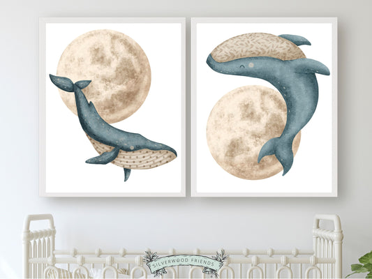 Our watercolour Whale Moon Nursery Prints with beautiful details and patterns within the elements, is gender neutral and will spark your little one's imagination and create a calm and cosy space. Perfect for your whale nursery or moon nursery decor, and makes a lovely baby shower gift.