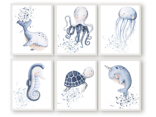 Our Ocean Animal Nursery Prints with blue watercolour splashes, will spark their imagination and is the perfect addition to your ocean themed nursery or sea themed nursery decor. It also makes a thoughtful sea animal baby shower gift.