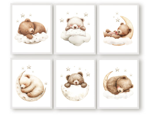 Set of 6 Teddy Bear Nursery Prints featuring adorable brown bears sleeping on the moon under a star studded sky. The neutral colour palette makes it the perfect addition to your neutral nursery theme or as a unique gender neutral baby shower gift.